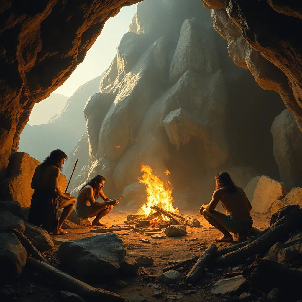 Ancient humans at their cave at the fire