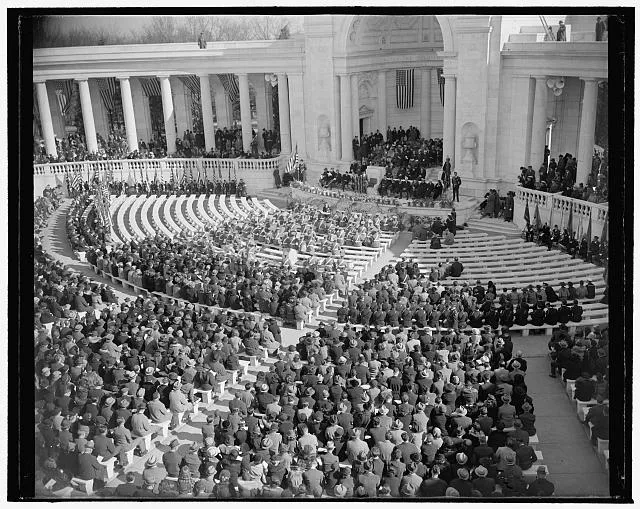 Armistice Day services at Arlington. Washington, D.C., Nov. 11. General view of the services at Arlington National Cemetery today to mark the 21st anniversary of the signing of the armistice. In delivering the principal speech, acting Secretary of the Navy Charles Edison urged the nation to keep faith with her world war dead by keeping out of Europe's war