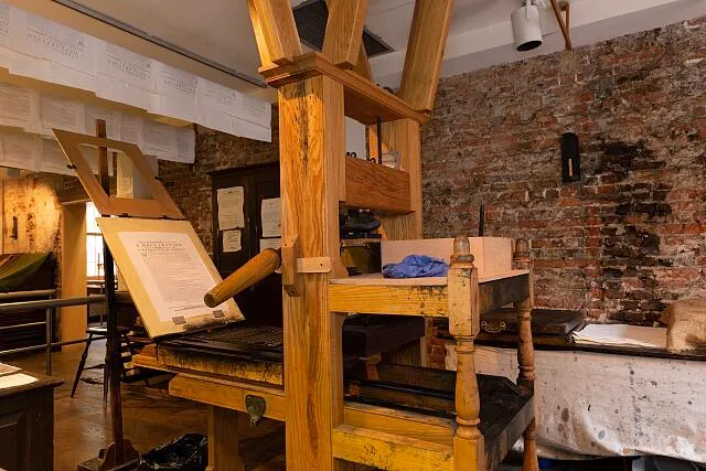 Benjamin Franklin's press in his printing house, now a museum in Philadelphia, Pennsylvania, where one of the most esteemed of America's 