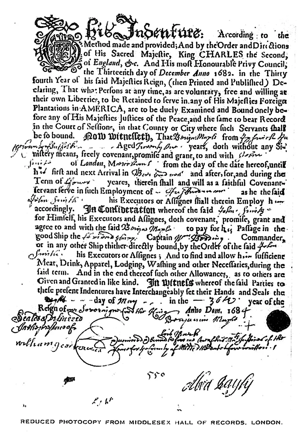 Benjamin Maple Indenture Servant Contract