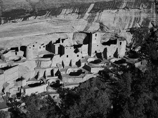 Black-and-white images of cliff dwellings at Mesa Verde National Park in Montezuma County, Colorado. The park protects some of the best-preserved ancestral Puebloan archeological sites in the United States