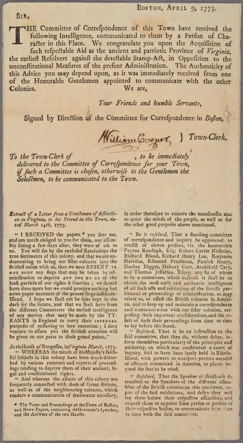 Boston Committee of Correspondence 9 April 1773