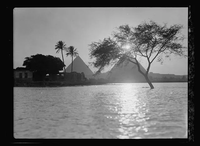Cairo and district, Egypt. Pyramids at sunset. Shlhouette effect showing the flood time of the Nile