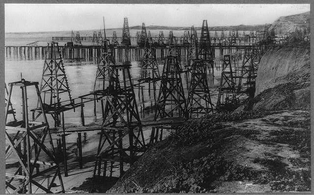 California, Santa Barbara. Pumping oil out of the Pacific Ocean at Summerland, California