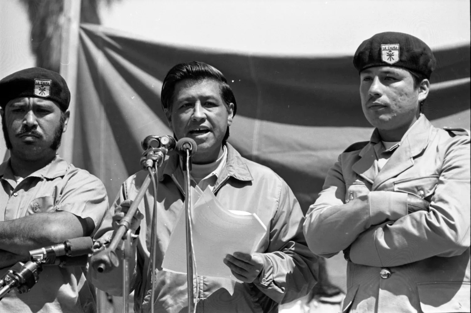 Cesar Chavez and Brown Berets at peace rally.jpg