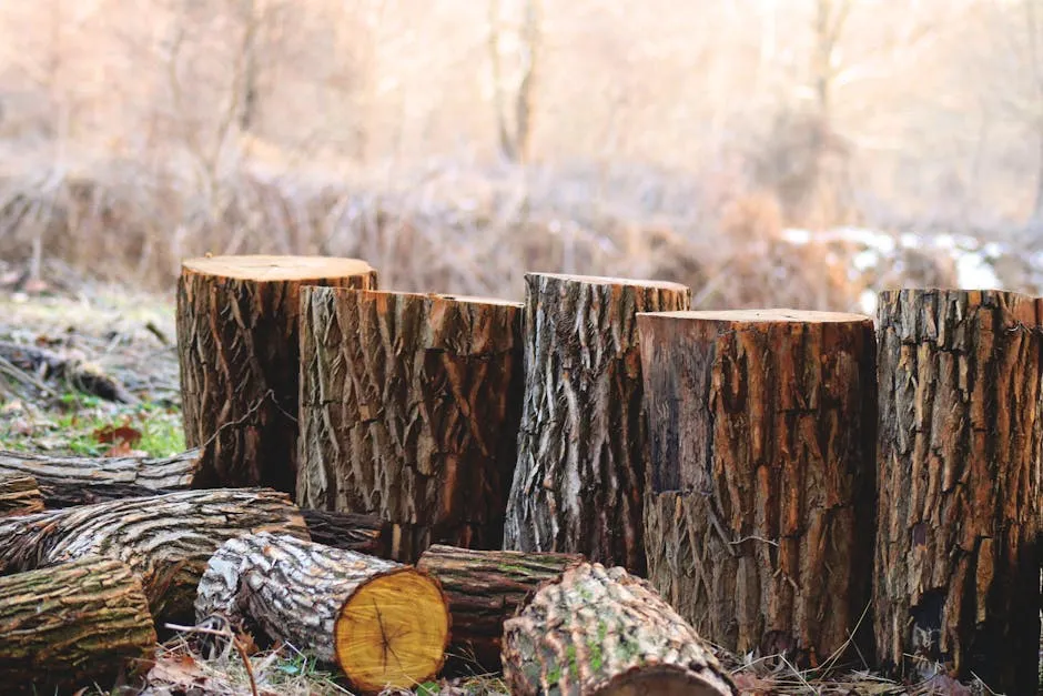 Chopped tree logs stacked in a serene outdoor woodland area, capturing the essence of autumn.
