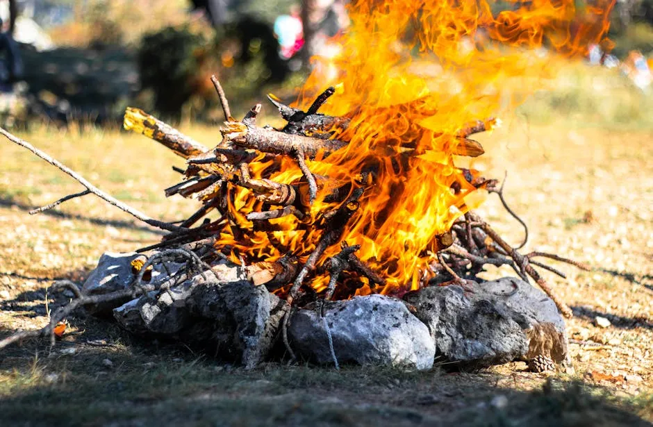 Close-up of a campfire with logs and stones outdoors, showcasing vivid flames.