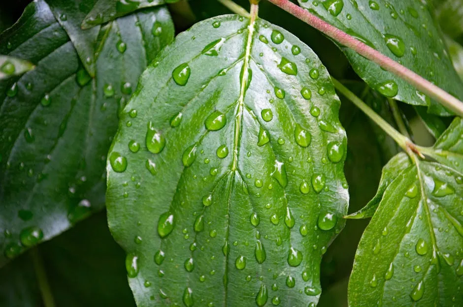 Close-up of a green leaf covered in water droplets, showcasing natural beauty.