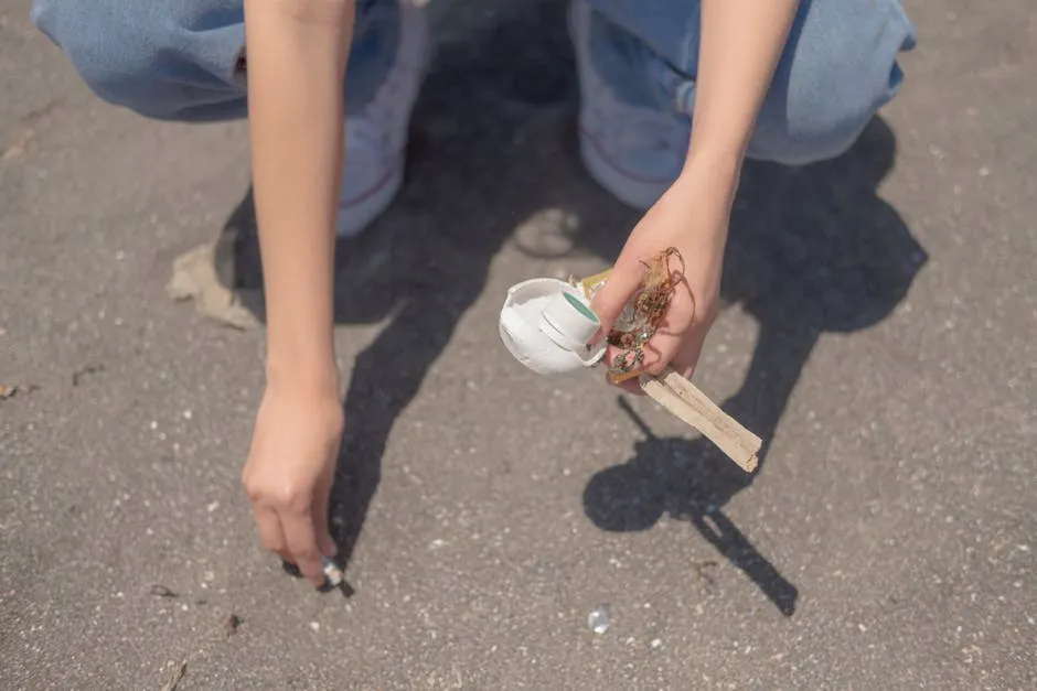 Close-up of a person picking up trash on a sandy beach, promoting environmental care.