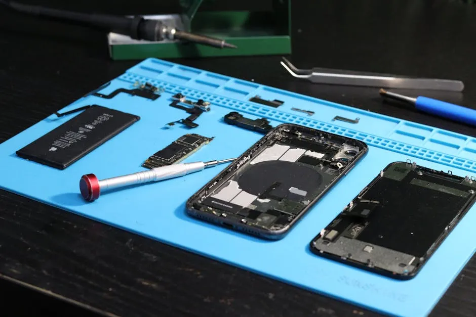 Internal phone components and repair tools on a blue silicone mat.