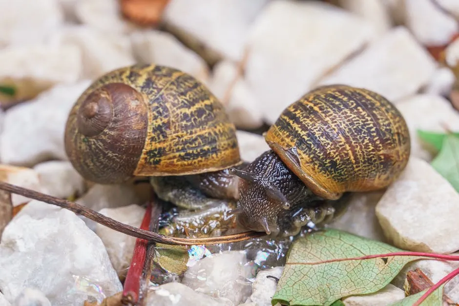 Close-up of two garden snails on white pebbles surrounded by leaves, showcasing nature's detail.
