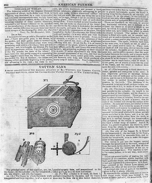 Cotton Gins...the machine invented by Eli Whitney, for ginning cotton, politely sent to us from the U.S. Patent Office