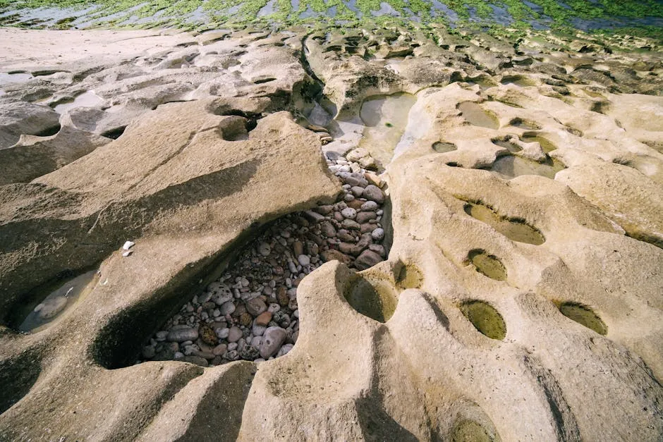 Detailed view of erosion patterns and rock formations on a seaside landscape, revealing natural beauty.