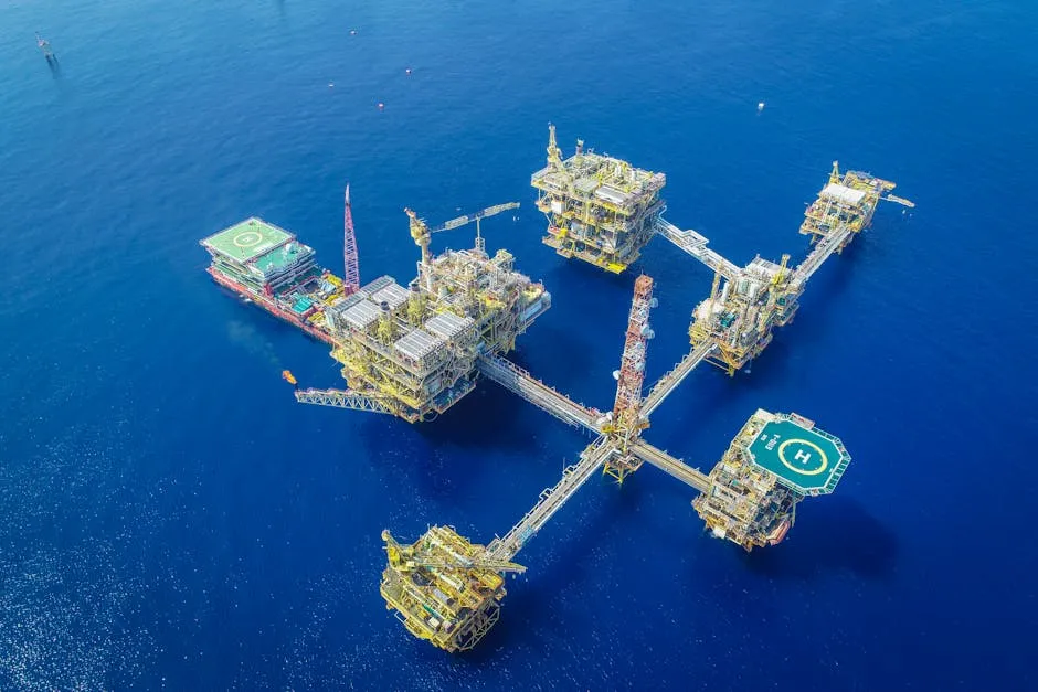 An aerial view of a large, industrial offshore oil drilling platform.
