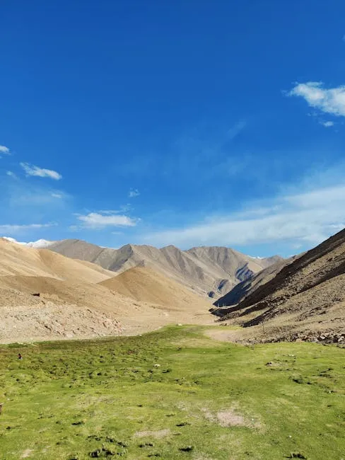 Expansive view of a mountainous terrain with green plains under a clear blue sky.