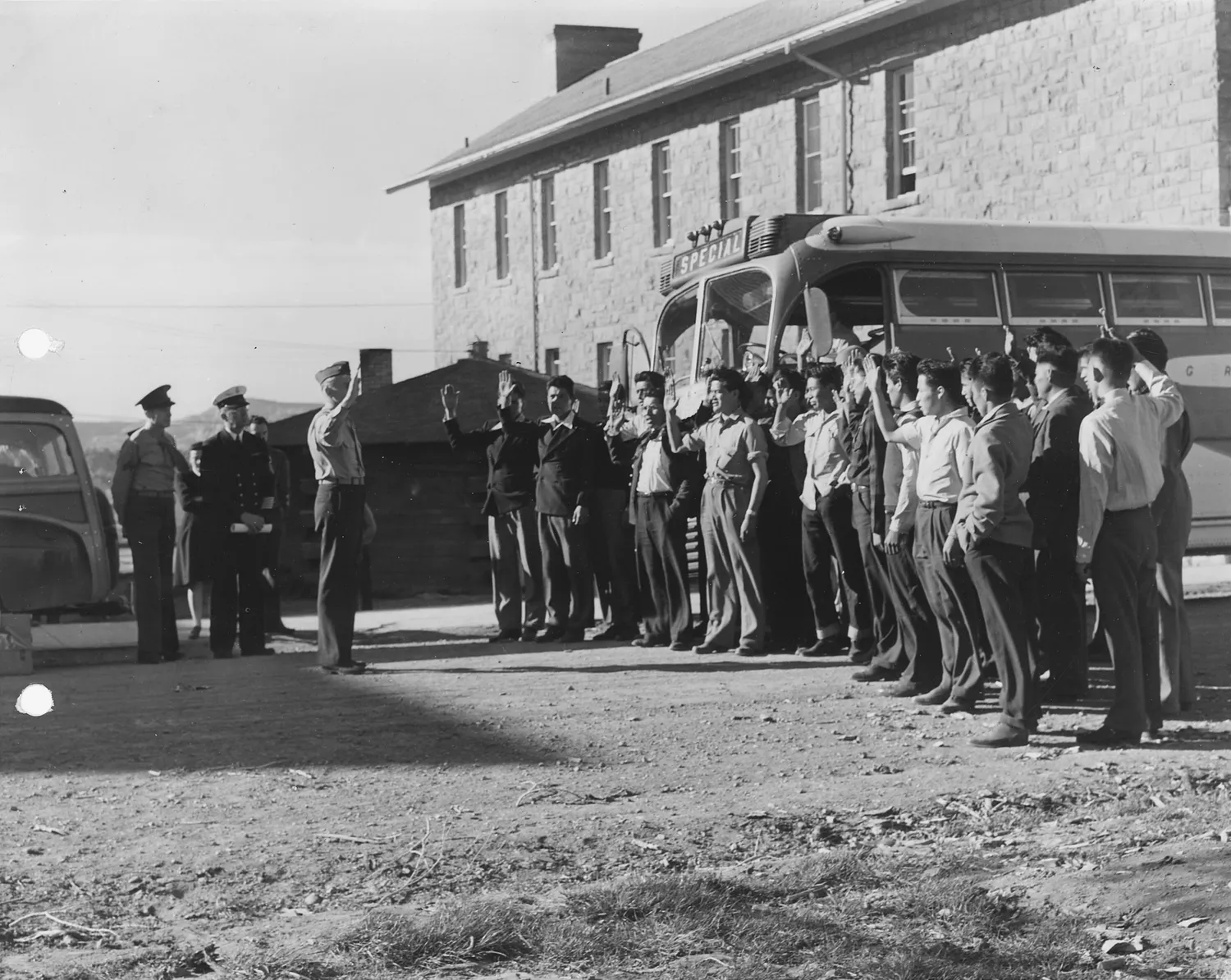 First 29 Navajo U.S. Marine Corps code-talker recruits being sworn in at Fort Wingate, NM. - NARA - 295175