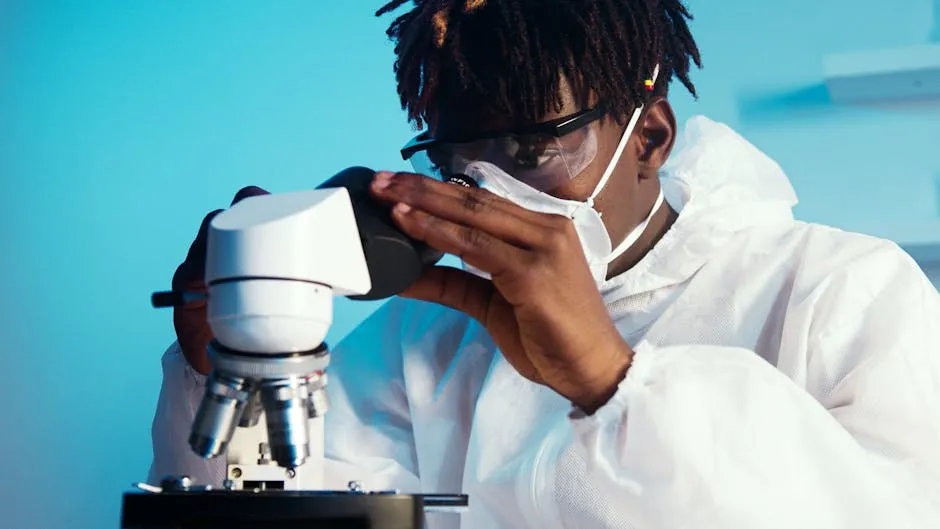 Focused scientist examining samples through a microscope in a laboratory setting.