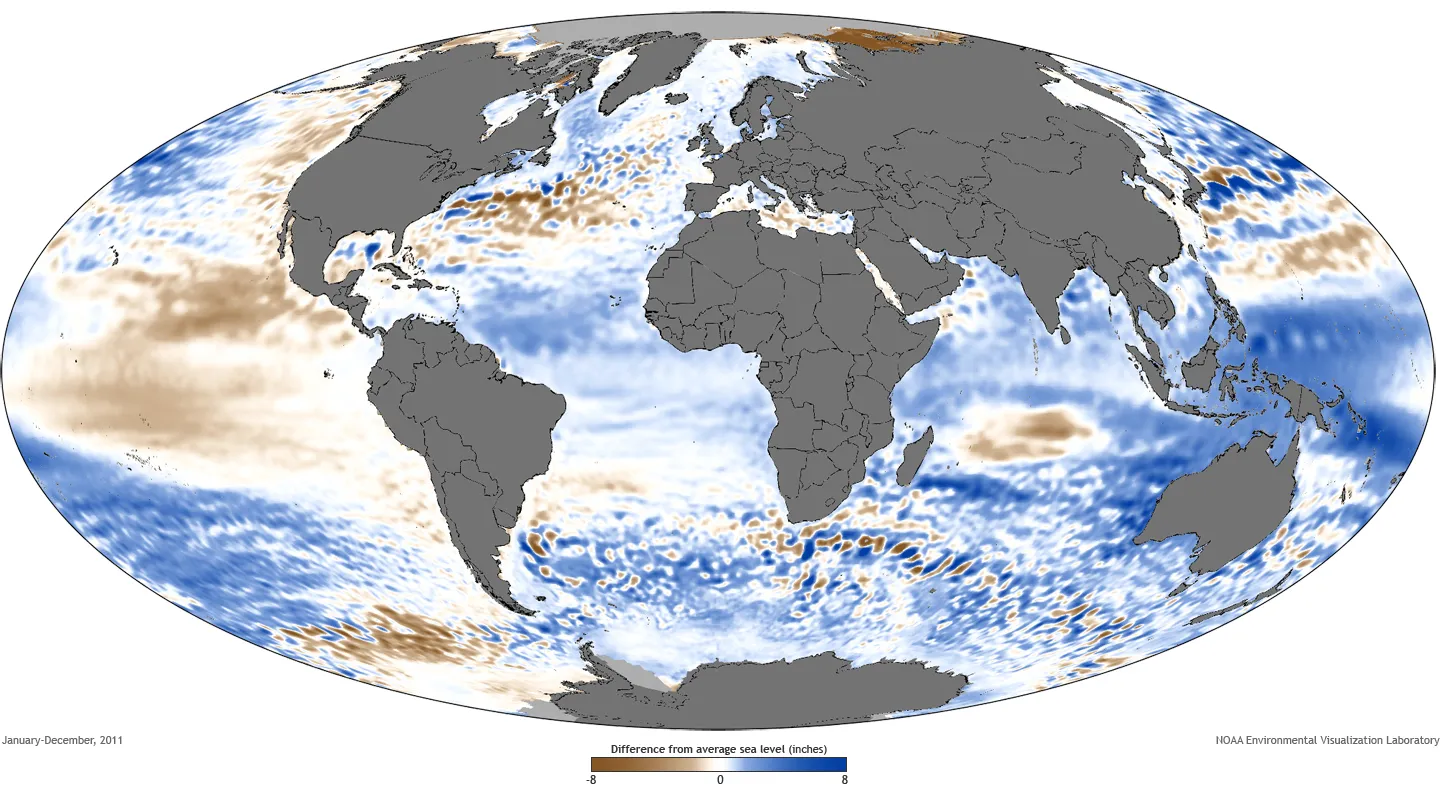 Global map showing where average sea level in 2011 was above or below the long-term average (1993-2011) (NOAA)