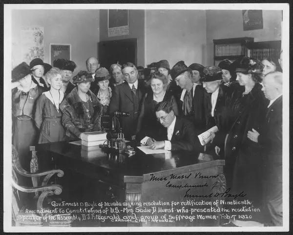 Governor Ernest D. Boyle signs the ratification bill for the 19th amendment on February 7, 1920