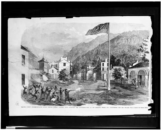 Harper's Ferry insurrection - the battle ground - Captain Alberts' party attacking the insurgents - view of the railroad bridge, the engine-house, and the village