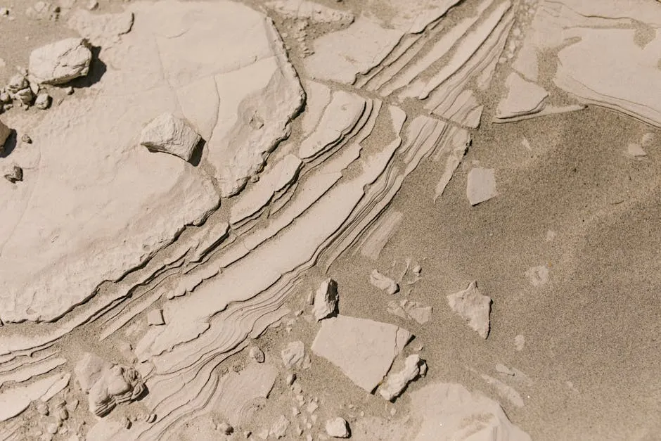High-angle shot capturing intricate rock layers and sandy texture in an arid landscape.