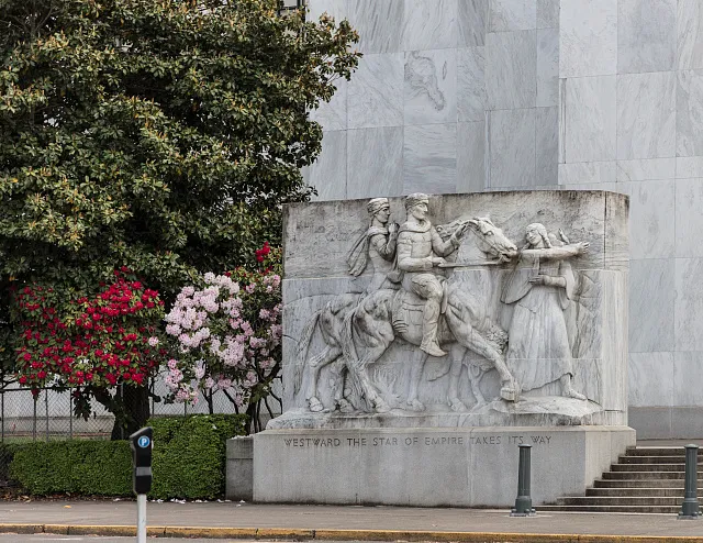 Leo Friedlander's 1934 high relief carving depicting Meriwether Lewis and William Clark of the Lewis and Clark Expedition on horseback, being led by the Indian guide Sacagawea, outside the Oregon State Capitol in Salem