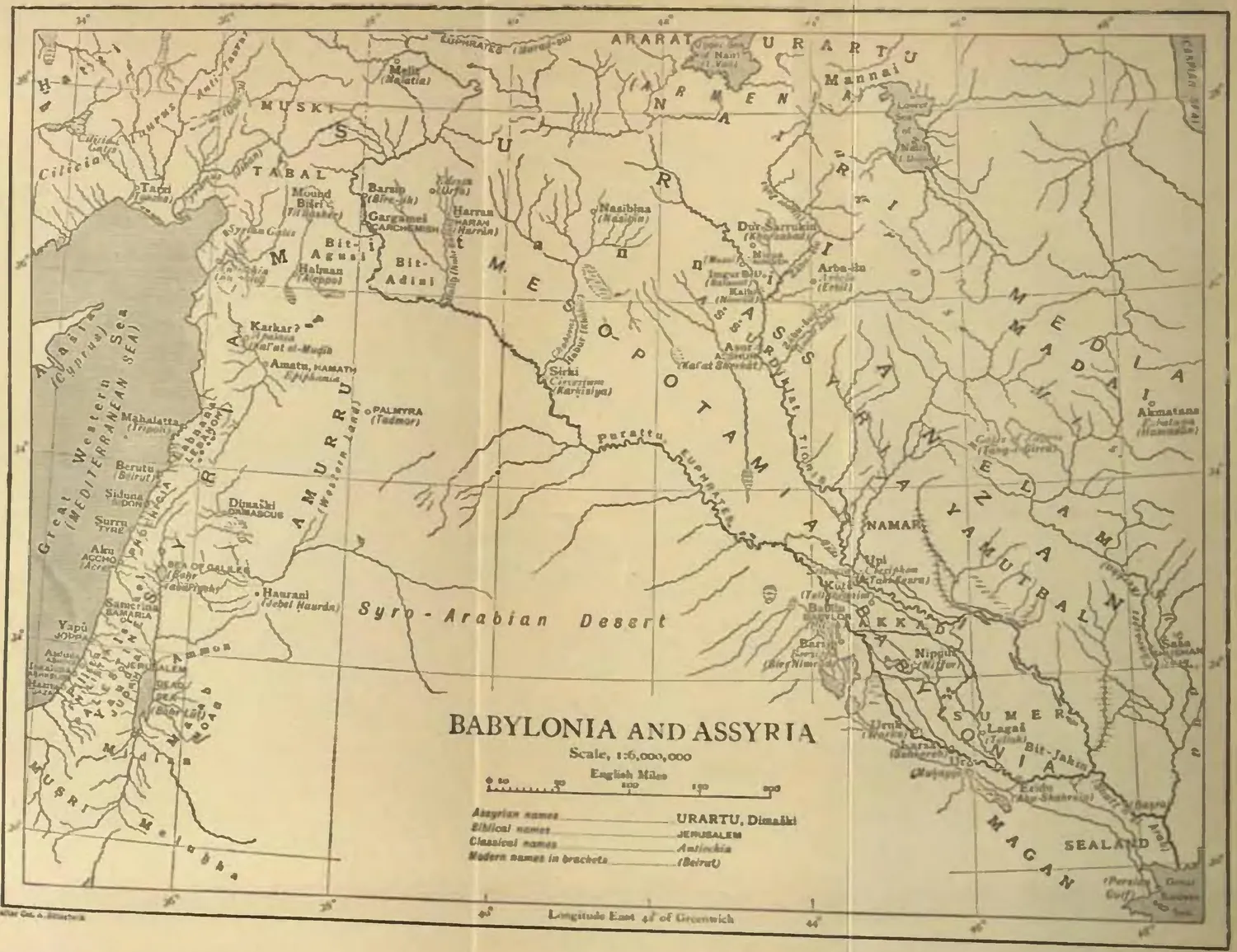 Map of Babylonia and Assyria - from Myths of Babylonia and Assyria (page 26 crop)