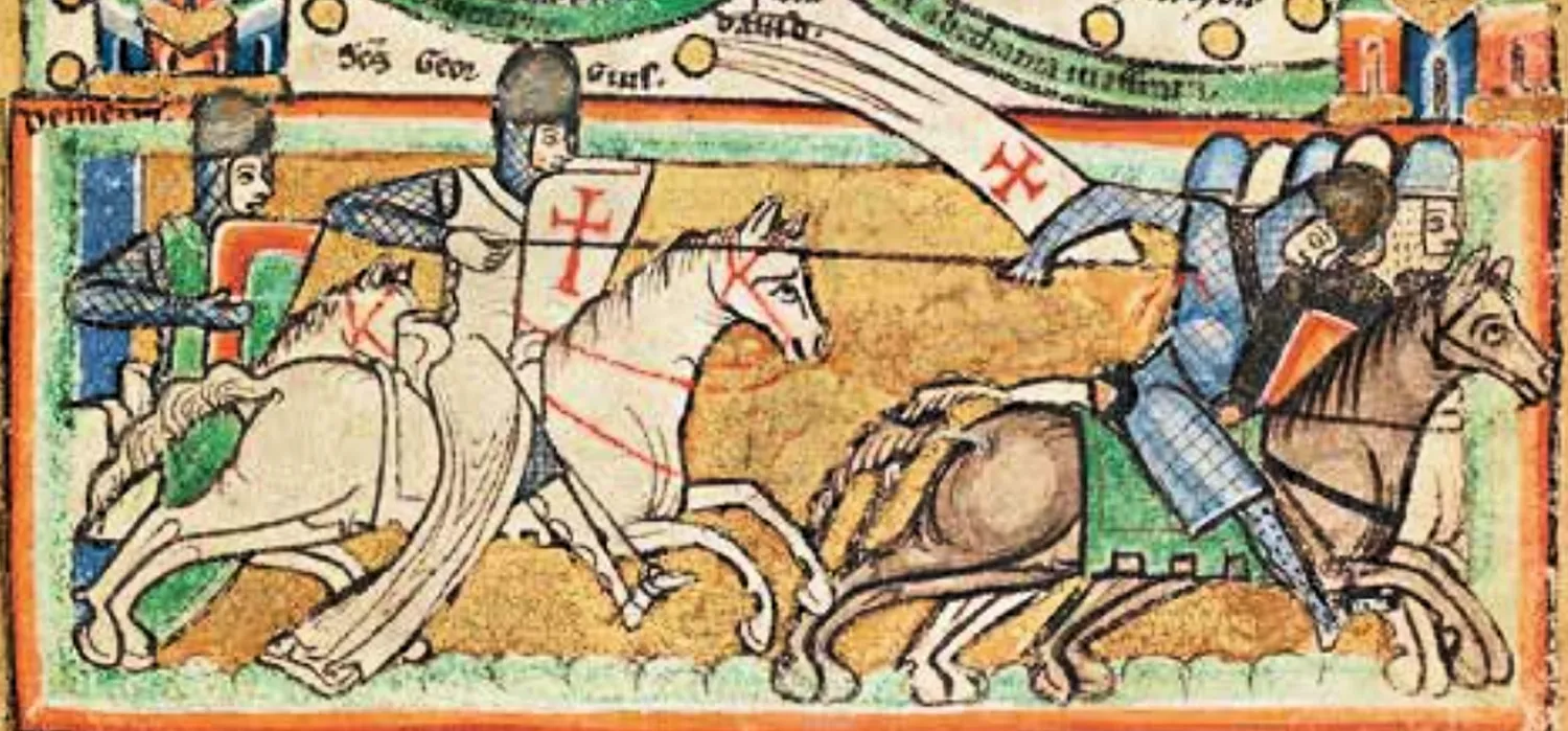 Map of Crusader Jerusalem, late 12th century, Saint George and Saint Demetrius of Thessaloniki on horseback charging a group of fleeing mounted Muslim warriors at the Battle of Antioch (1098)