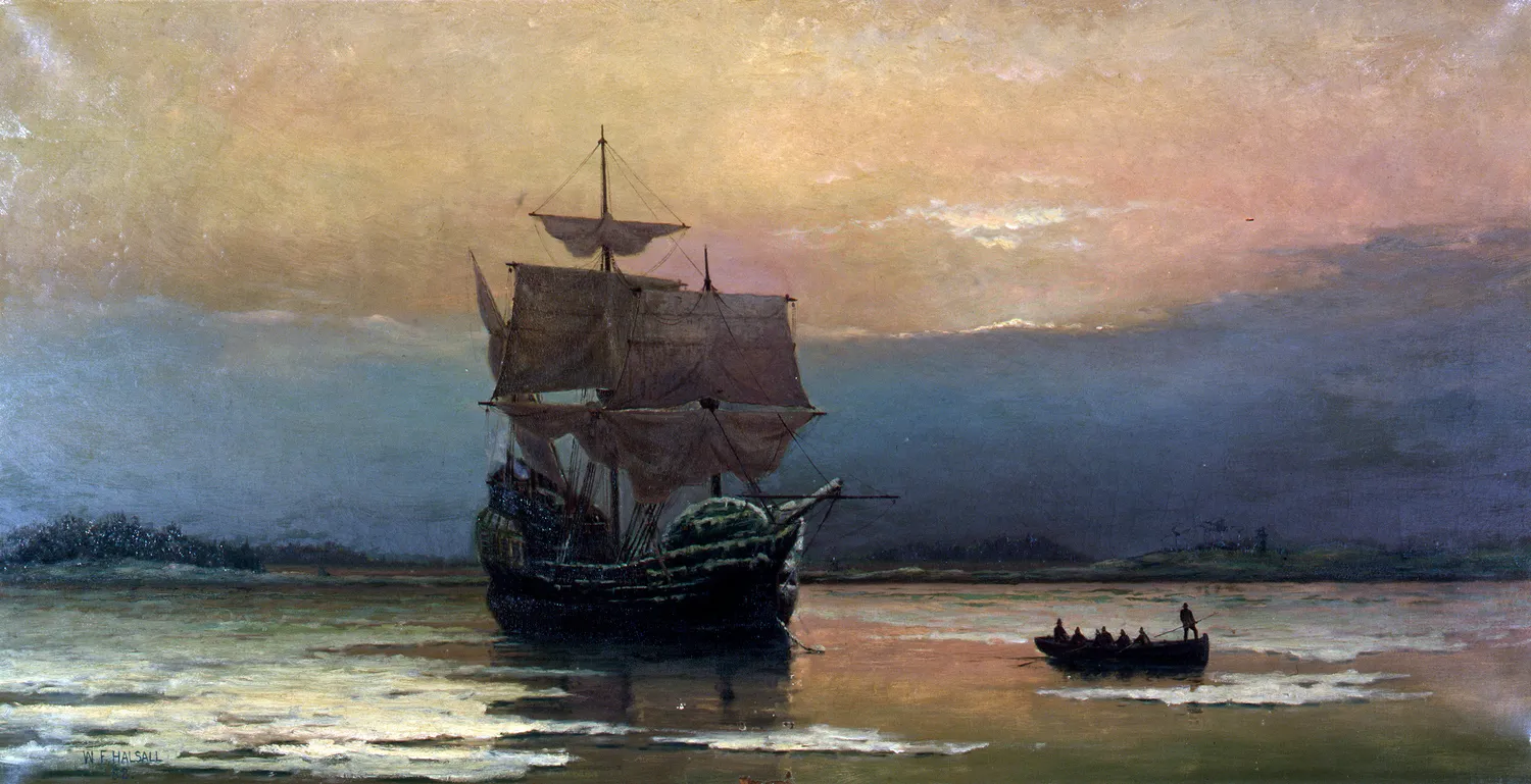 Mayflower in Plymouth Harbor, by William Halsall.jpg