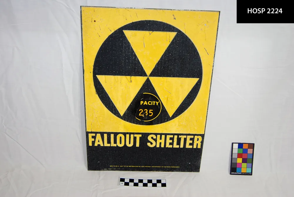 Metal Civil Defense sign; Yellow & black; attachment holes in corners; adhesive strips on back; Triple-triangle civil defense (cee153dc-40fd-4090-9290-b0d526768a9f)