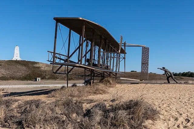 Part of a tableau of bronze statues depicting the first successful, sustained, power flight of a heavier-than-air machine, lasting just 12 seconds at the the Wright Brothers National Memorial in Kill Devil Hills, North Carolina