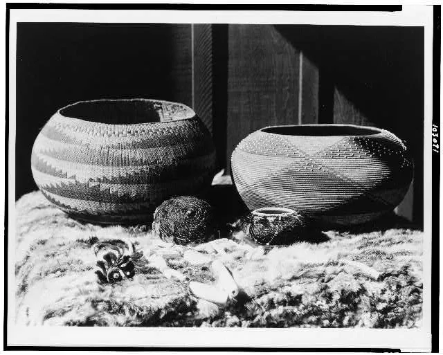 Pomo baskets and magnesite beads