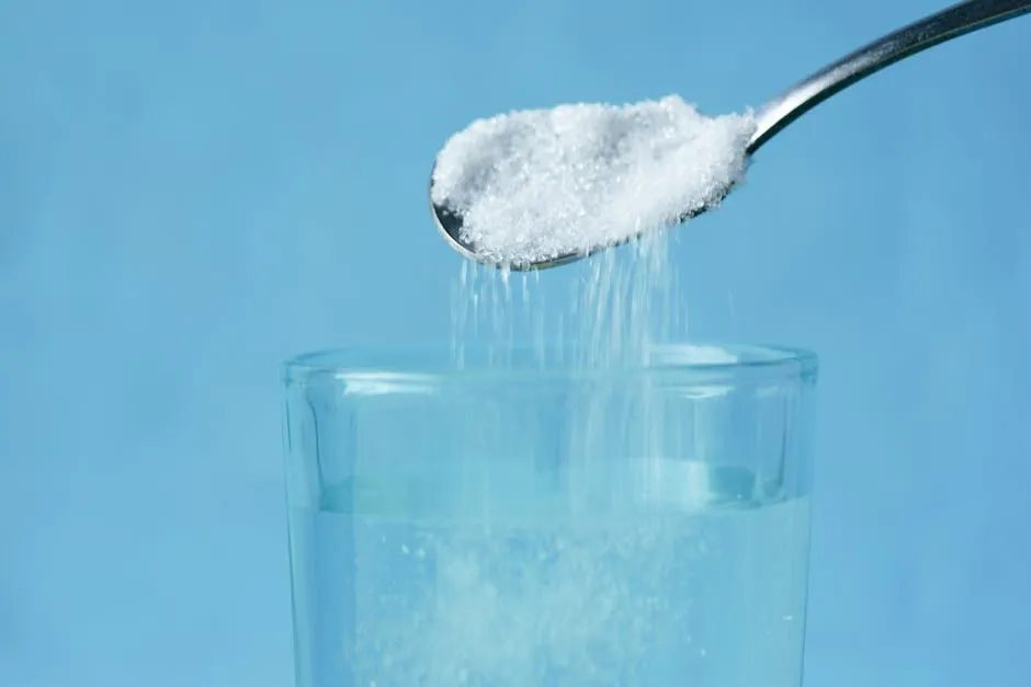 Pouring sugar into a glass of water against a blue background.