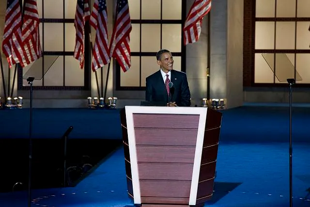 Presidential candidate Barack Obama speaks to the audience at the Democratic National Convention, Denver, Colorado, August 25-28, 2008