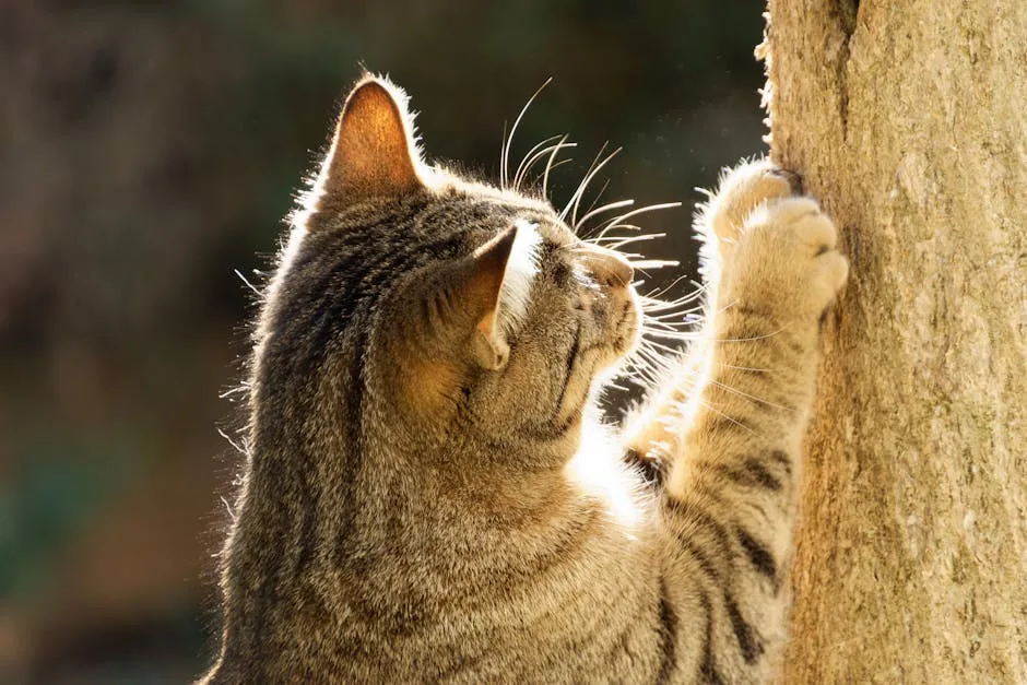 Profile of a tabby cat scratching a tree, with sunlight highlighting its fur.