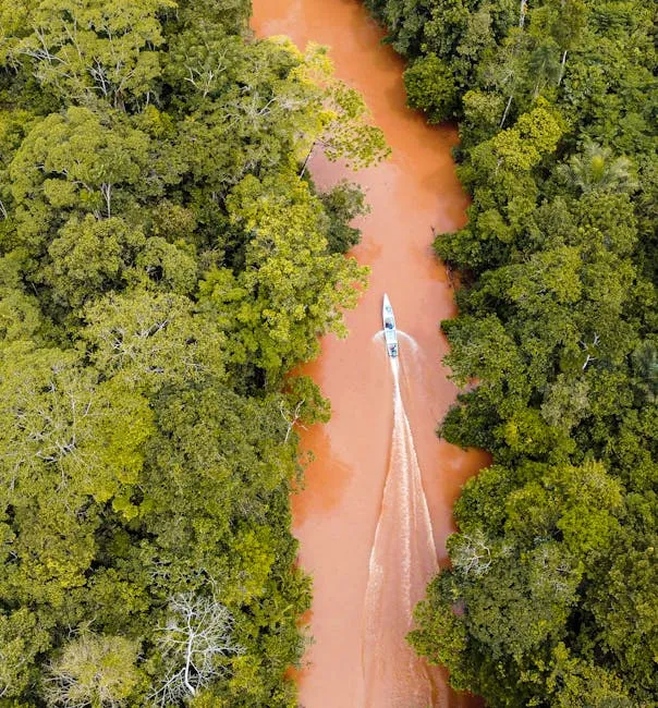 Stunning aerial view of a boat navigating a river surrounded by lush jungle in Putumayo, Colombia.