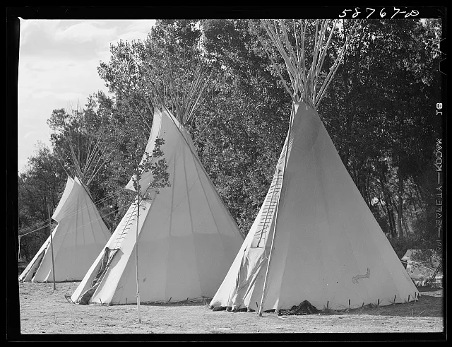 Teepees or lodges of Indians at Crow fair. Crow Agency, Montana