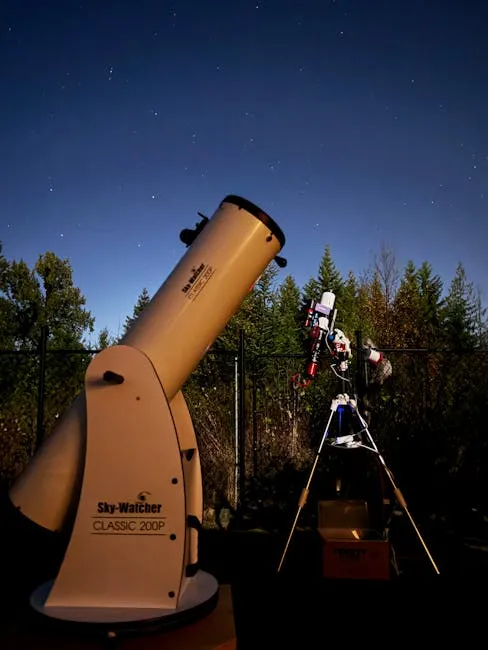 Telescope pointing at starry night sky, forest backdrop.
