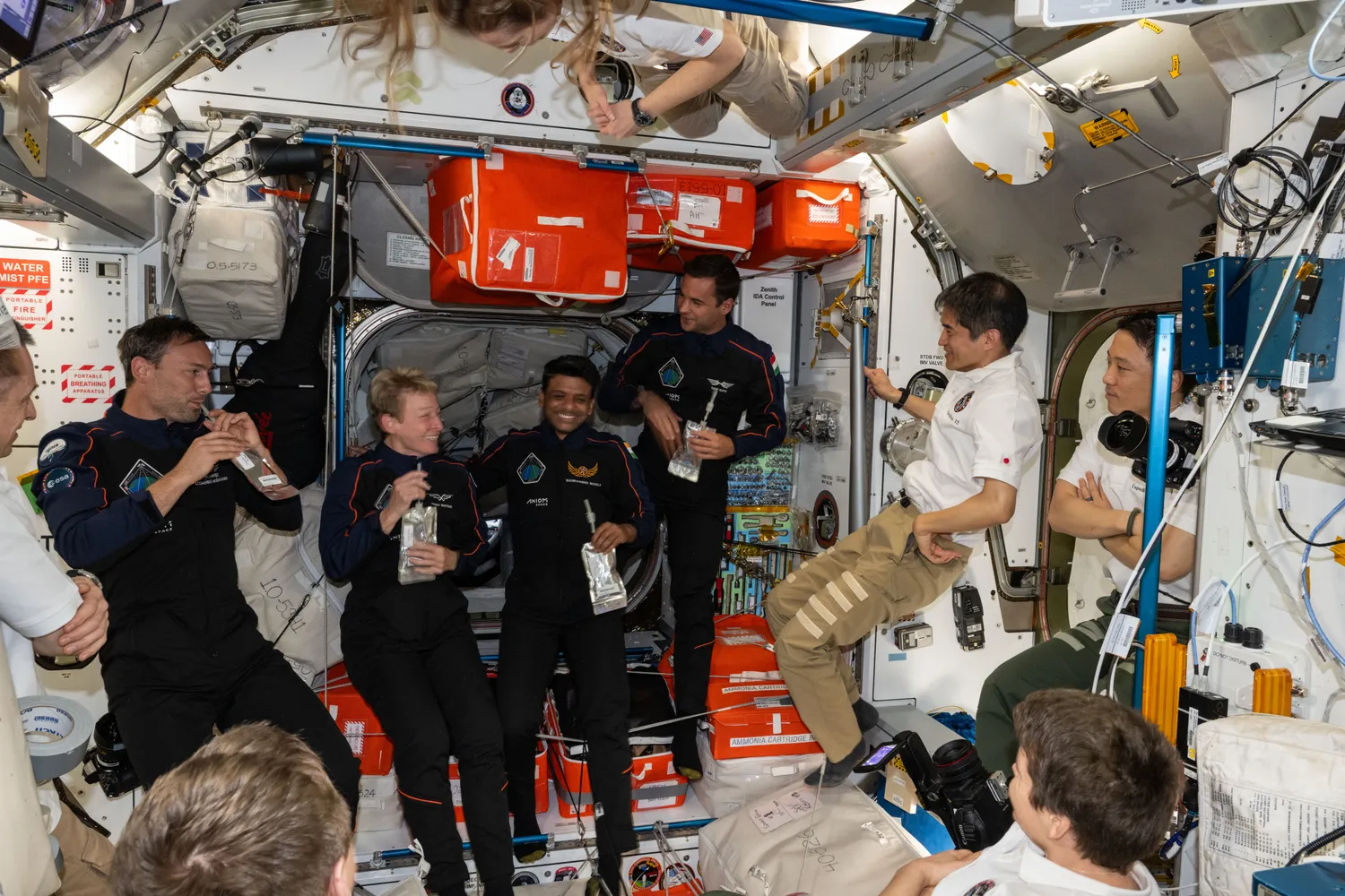 The Axiom Mission 4 private astronauts gather inside the International Space Station (iss073e0249239)