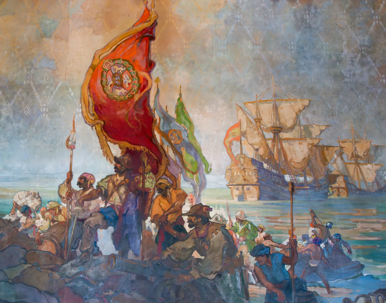 The landing of Cabrillo on California (detail from mural by Daniel Sayre Groesbeck at the Santa Barbara County Courthouse)