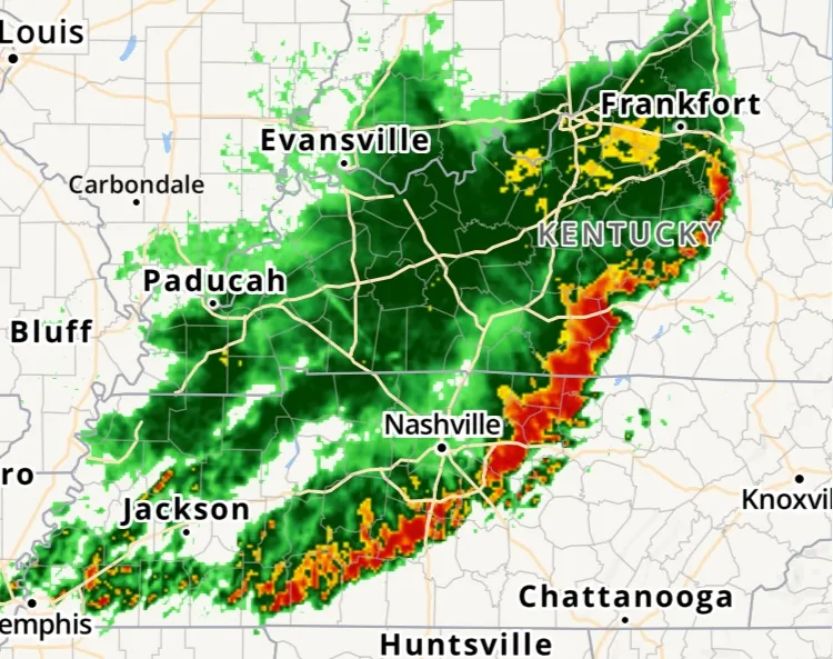Thunderstorm line in Tennessee on weather radar
