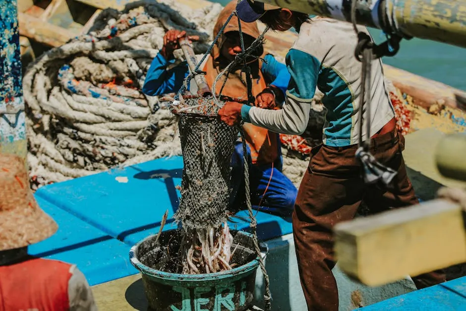 Traditional fishermen in East Java haul in their catch on a sunny day.