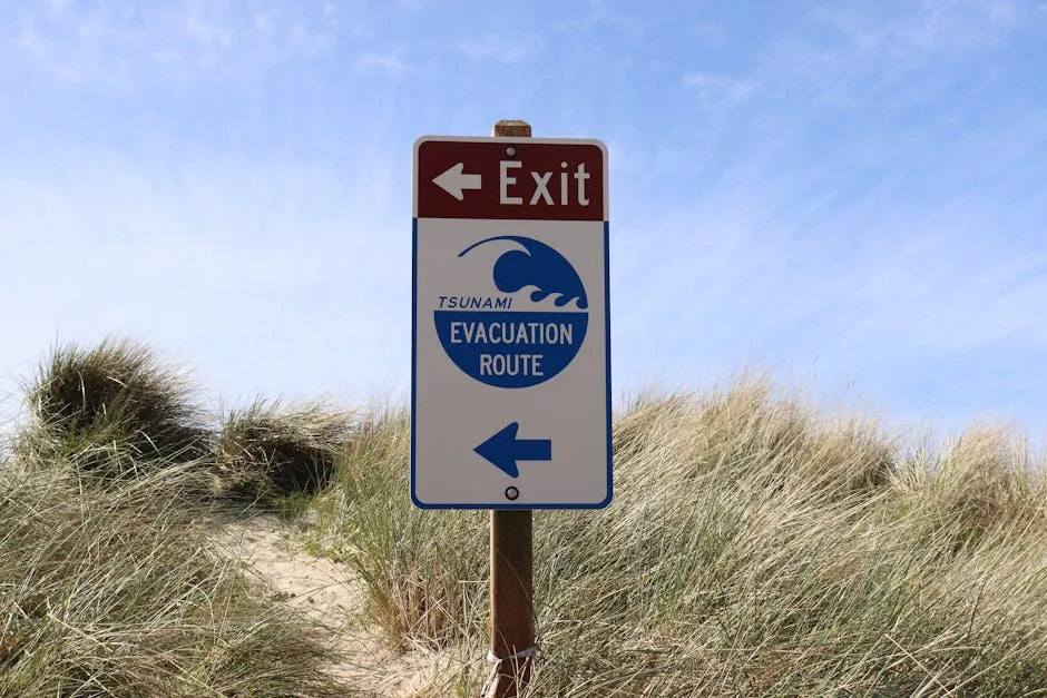 Tsunami evacuation route sign at Cannon Beach, Oregon, guiding beachgoers to safety.