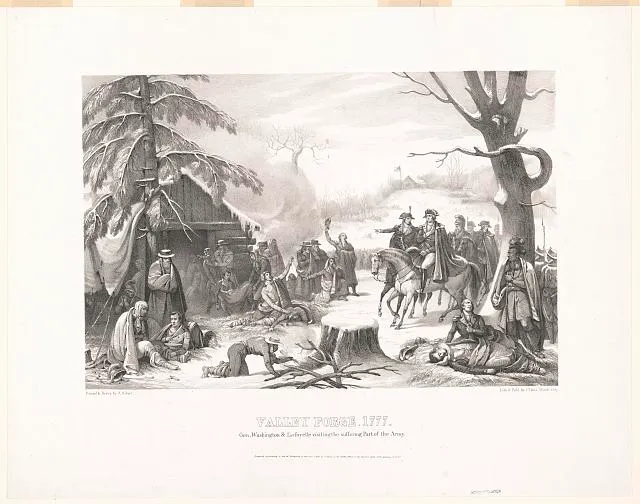 Valley Forge, 1777. Gen. Washington and Lafayette visiting the suffering part of the army