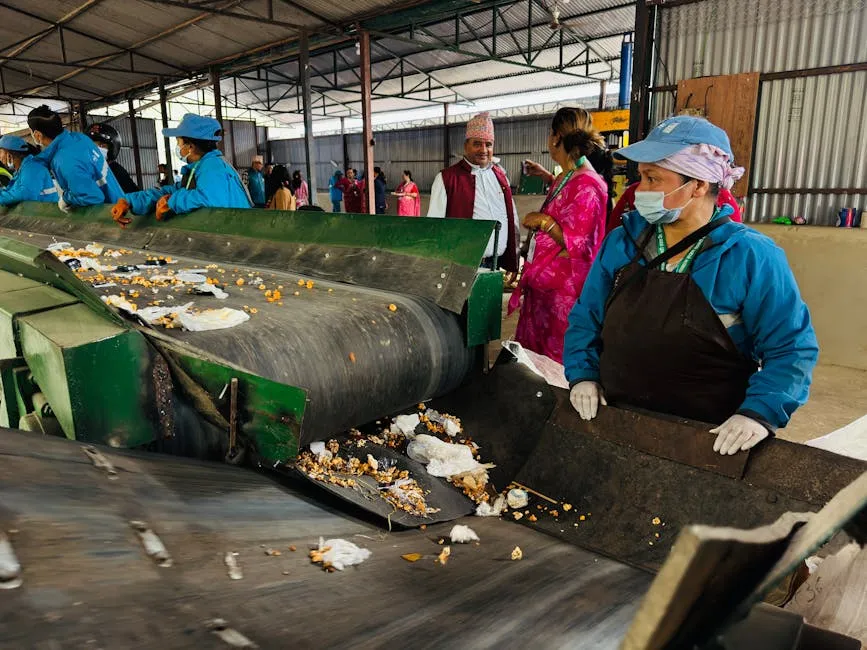 Workers in uniforms sorting mixed waste on a conveyor belt.