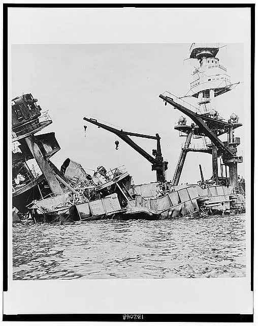 Wreckage of USS Arizona, Pearl Harbor, Hawaii, December 7, 1941