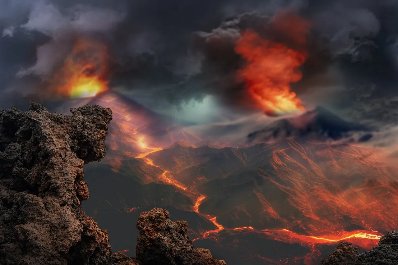 landscape, volcanoes, eruption, fantasy, wash, smoke, clouds, nature, ash, geology, volcanic