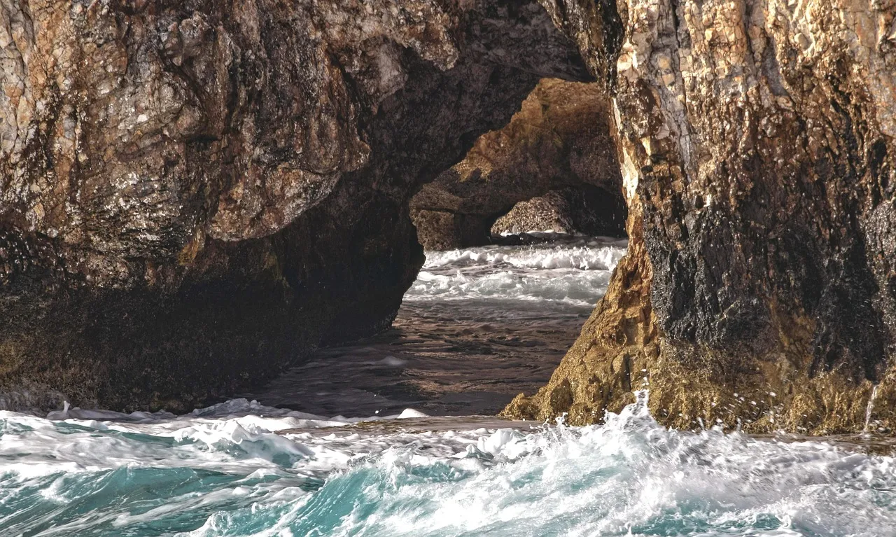 sea caves, rock, formation, sea, waves, nature, tunnel