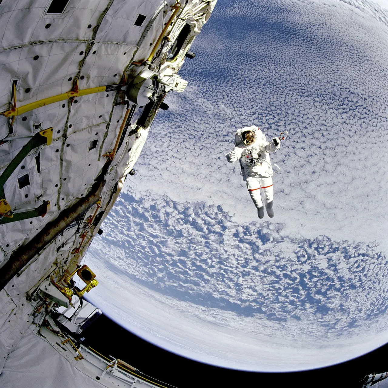 space, astronaut, sky, suit, nasa, clouds, space-walk, gravity-less, nature, beautiful, module, ship, outside, blue walking