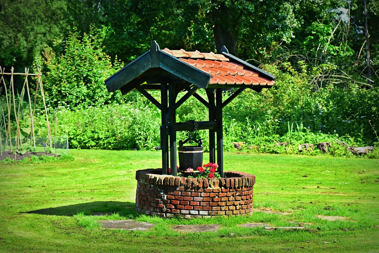 water well, tiled roof, bucket, brick wall, garden, vintage, green water, green wall, green wellness, nature, green vintage